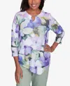 Alfred Dunner Petite Dramatic Pansies Print Three Quarter Sleeve Top In Iris Multi
