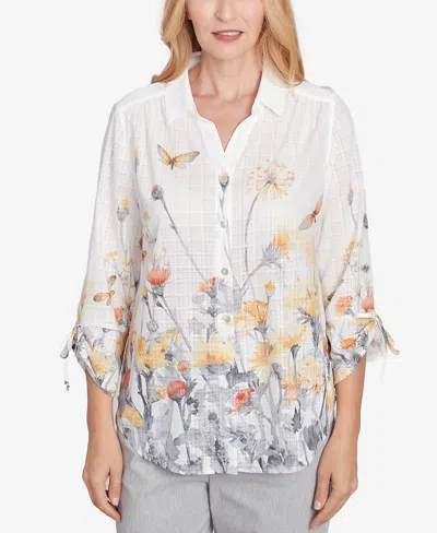 Alfred Dunner Petite Dress Code Button Down Butterfly Floral Top With Necklace In Multi White