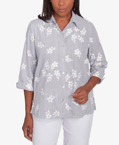 Alfred Dunner Petite Dress Code Flower Embroidered Button Down Striped Top In Pearl