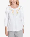 Alfred Dunner Petite Dress Code Linear Knit Floral Embroidered Crew Neck Top In White