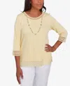 Alfred Dunner Plus Size Dress Code Solid Lace Trim Top With Necklace In Buttercup