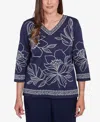 Alfred Dunner Plus Size Block Island Dynamic Floral Embroidered V-neck Top In Navy
