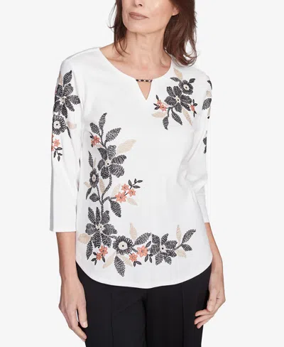 Alfred Dunner Petite Earthy Floral Embroidered Textured Top In Natural
