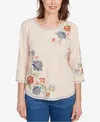 Alfred Dunner Petite El Paso Asymmetrical Floral Embroidered Top In White