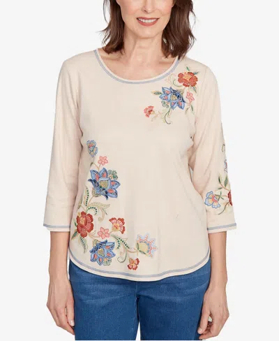 Alfred Dunner Petite El Paso Asymmetrical Floral Embroidered Top In White