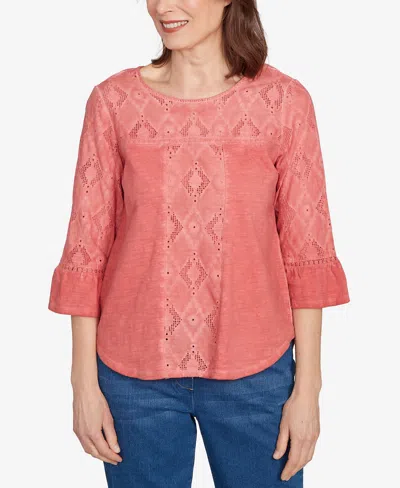 Alfred Dunner Petite El Paso Diamond Textured Spliced Bell Sleeve Top In Brown