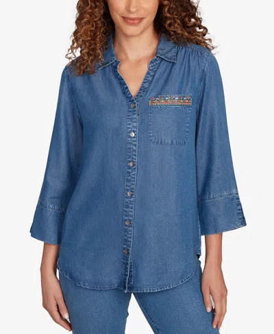 Alfred Dunner Petite El Paso Embroidered Butterfly Button Front Top In Blue