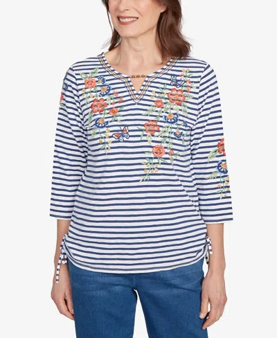 Alfred Dunner Petite El Paso Floral Stripe Ruched Sides Top In Blue