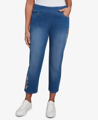 Alfred Dunner Petite El Paso Floral Vine Embroidered Denim Ankle Pants In Blue