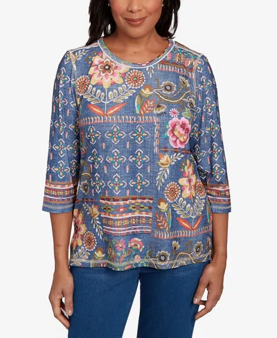 Alfred Dunner Petite El Paso Mixed Pattern Floral Patch Top In Blue
