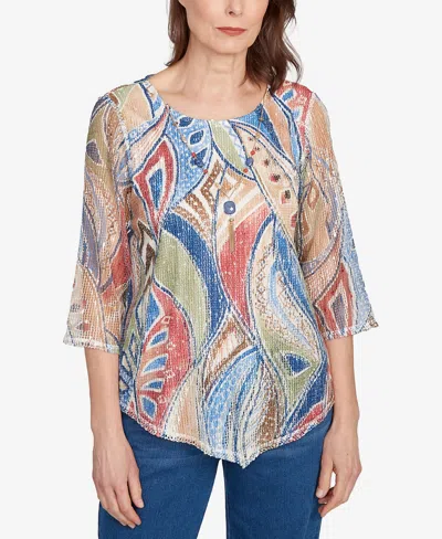 Alfred Dunner Petite El Paso Printed Leaf Textured Top With Necklace In Multi