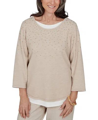Alfred Dunner Petite Embellished 3/4-sleeve Knit Top In Neutral