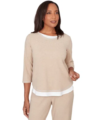 Alfred Dunner Petite Embellished Crewneck Top In Gold