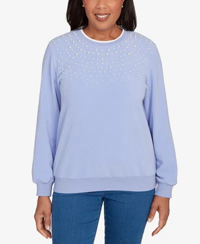 Alfred Dunner Petite Embellished Neckline Anti-pill Top In Blue