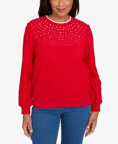 Alfred Dunner Petite Embellished Neckline Anti-pill Top In Red