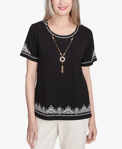 Alfred Dunner Petite Embroidered Border T-shirt With Necklace In Onyx