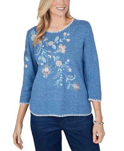 Alfred Dunner Petite Embroidered Floral 3/4-sleeve Sweater In Multi