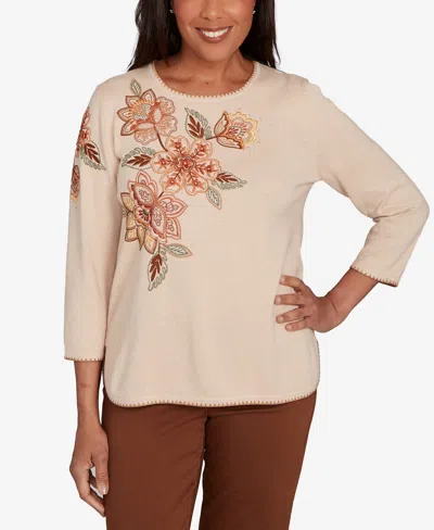 Alfred Dunner Petite Embroidered Flower Sweater In Brown