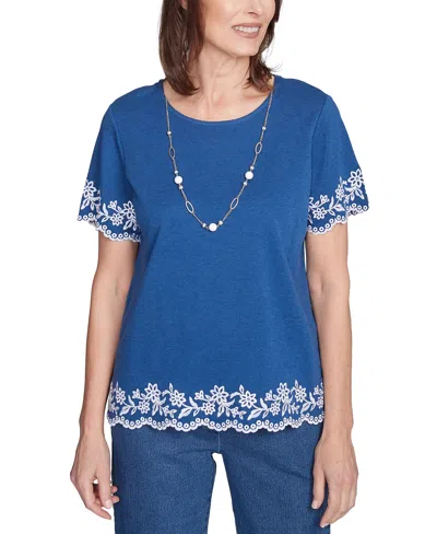 Alfred Dunner Petite Embroidered Scalloped-trim Necklace Top In Heanavy