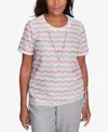 Alfred Dunner Petite Estate Of Mind Chevron Shimmer Top With Necklace In Multi Pink