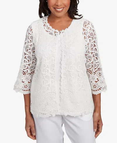 Alfred Dunner Petite Estate Of Mind Embellished Lace Two In One Top In Oyster