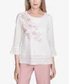 Alfred Dunner Petite Estate Of Mind Embroidered Floral Eyelet Trim Top In Oyster