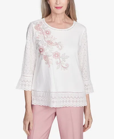 Alfred Dunner Petite Estate Of Mind Embroidered Floral Eyelet Trim Top In Oyster
