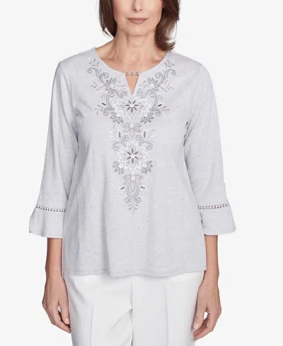 Alfred Dunner Petite Estate Of Mind Embroidered Scroll Bell Sleeve Top In Dove Grey