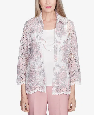 Alfred Dunner Petite Estate Of Mind Floral Lace Two In One Top With Necklace In Multi Pink
