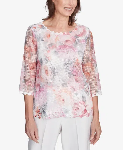 ALFRED DUNNER PETITE ESTATE OF MIND FLORAL MESH WATERCOLOR TOP