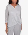 Alfred Dunner Petite Estate Of Mind Sequin Beaded Split Neck Top In Dove Grey