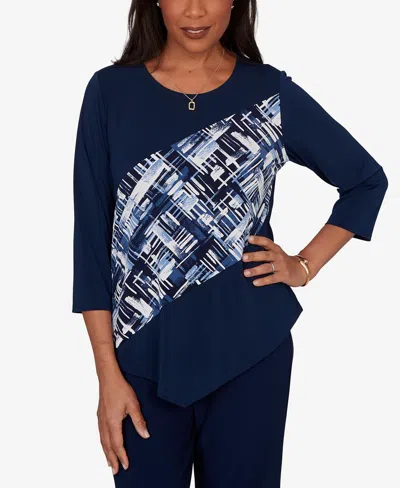 Alfred Dunner Petite Etched Plaid Diagonal Puff Printed Top In Blue