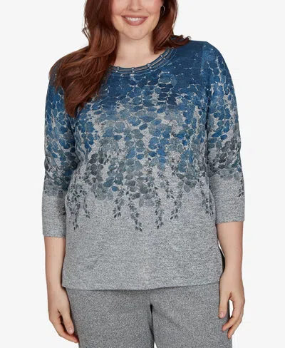 Alfred Dunner Petite Falling Leaves Pocket Knit Top In Blue