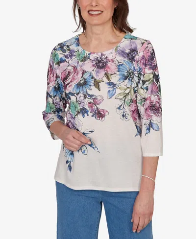Alfred Dunner Petite Falling Roses Knit Top In Multi