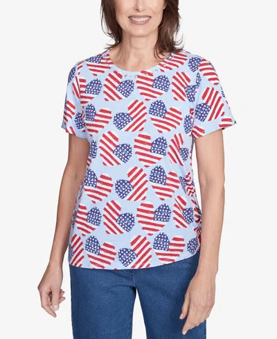Alfred Dunner Petite Flag Heart Top With Side Ruching In Blue