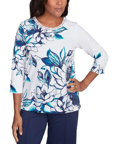 Alfred Dunner Petite Floral 3/4-sleeve Crewneck Top In Marinmu