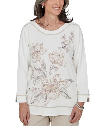 Alfred Dunner Petite Floral 3/4-sleeve Side-slit Blouse In White