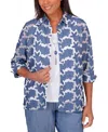 Alfred Dunner Petite Floral-applique Open-knit Button-down Woven Top In Multi