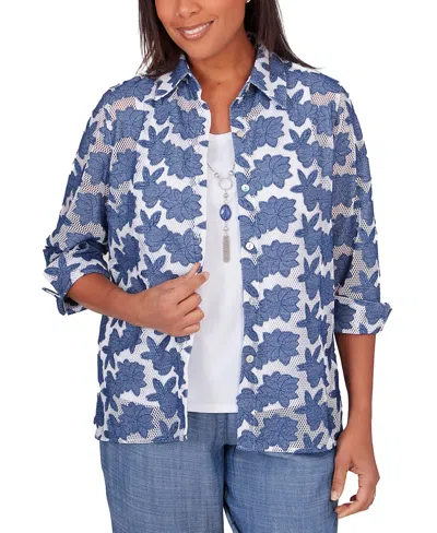 Alfred Dunner Petite Floral-applique Open-knit Button-down Woven Top In Multi