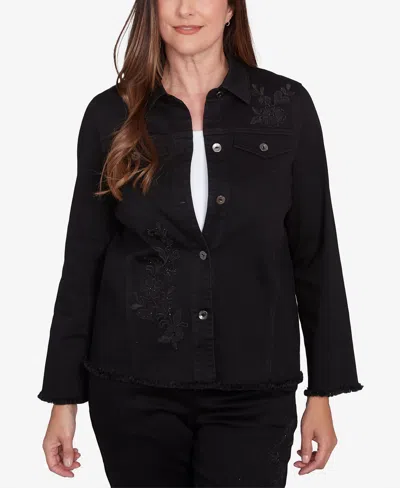 Alfred Dunner Petite Floral Embroidered Denim Jacket In Black