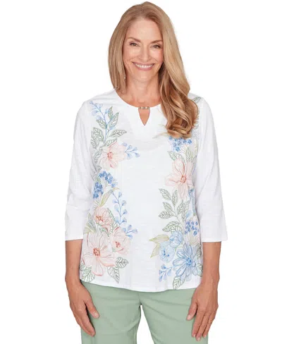 Alfred Dunner Petite Floral Embroidered Split Neck Top In White