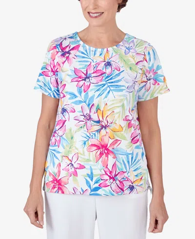 Alfred Dunner Petite Floral Leaf Side Tie Short Sleeve Tee In Multi Pink
