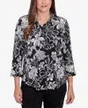 Alfred Dunner Petite Floral Puff Print Button Down Top In Black,white