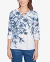Alfred Dunner Petite Floral Split Beaded Top In Blue