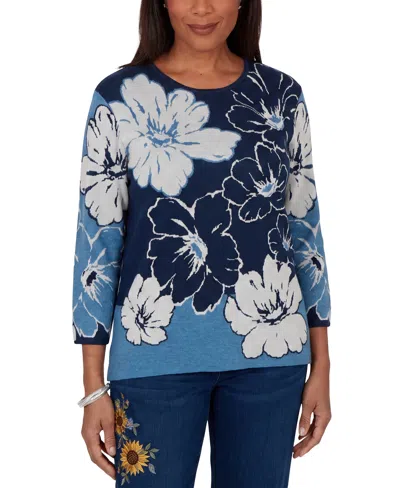 Alfred Dunner Petite Floral-print 3/4-sleeve Crewneck Sweater In Multi