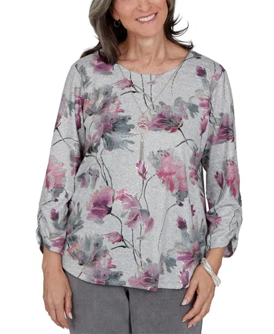 Alfred Dunner Petite Floral-print 3/4-sleeve Curved-hem Blouse In Animal Print
