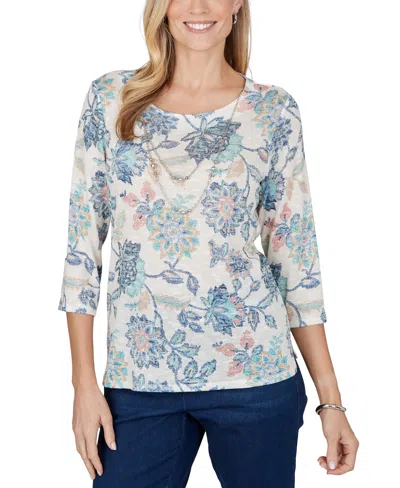 Alfred Dunner Petite Floral-print 3/4-sleeve Side-slit Blouse In Animal Print