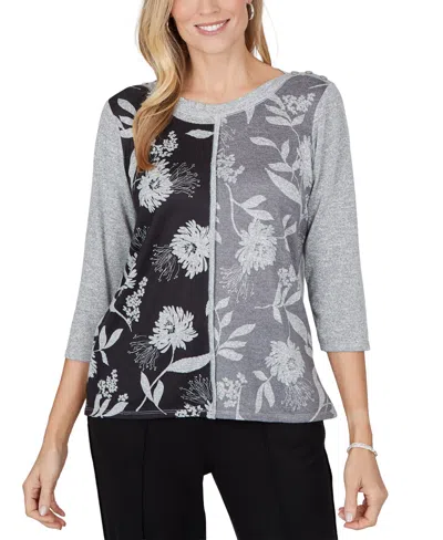 Alfred Dunner Petite Floral-print Boat Neck Side Slit Blouse In Animal Print