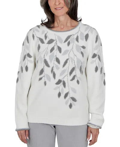 Alfred Dunner Petite Floral-print Crewneck Long-sleeve Sweater In Gray