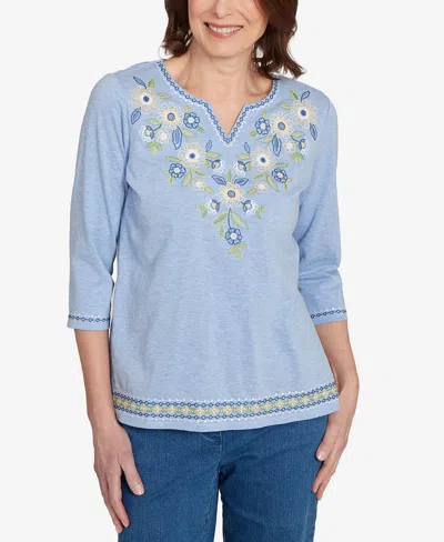 Alfred Dunner Women's Flower Power Embroidered Daisy Split Neckline Top In Blue